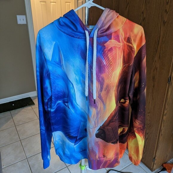 BeautifulHalo L/XL Fire & Ice Wolves Red and Blue Hoodie Unisex Pockets EUC - Picture 1 of 6